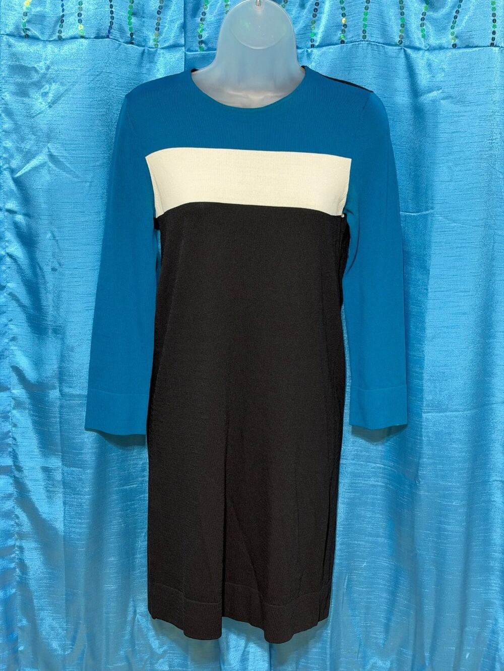 Diane von Furstenberg DVF Knit Colorblock Shift Sweater Dress Blue Black Size P